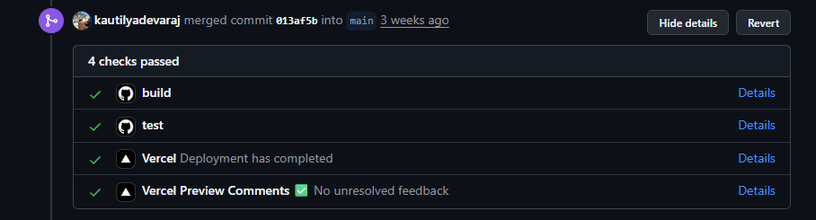 CI workflow showing automated tests on PR creation