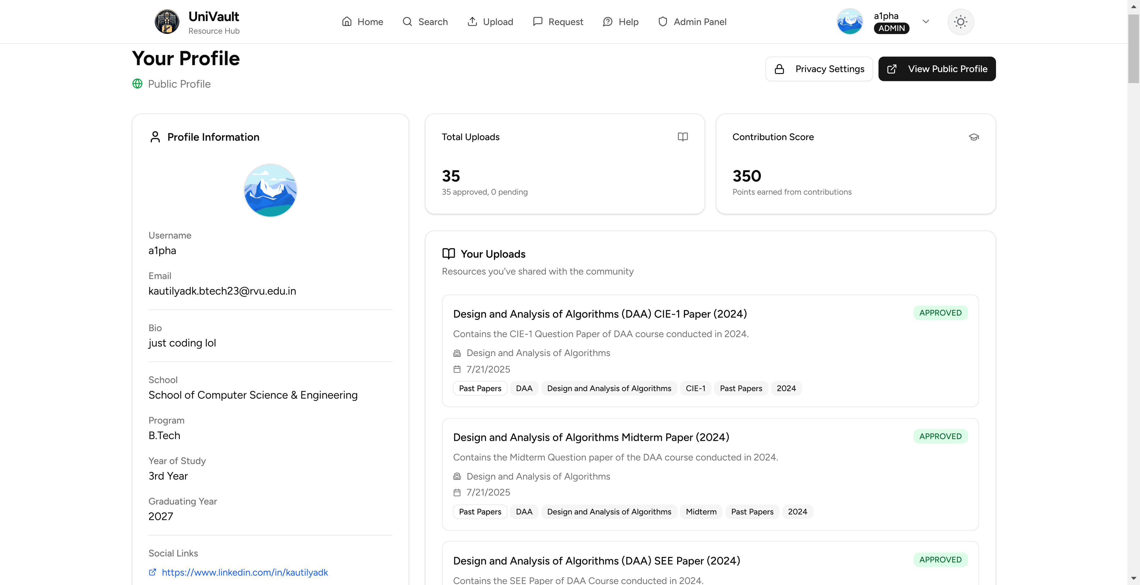 User profile section in UniVault
