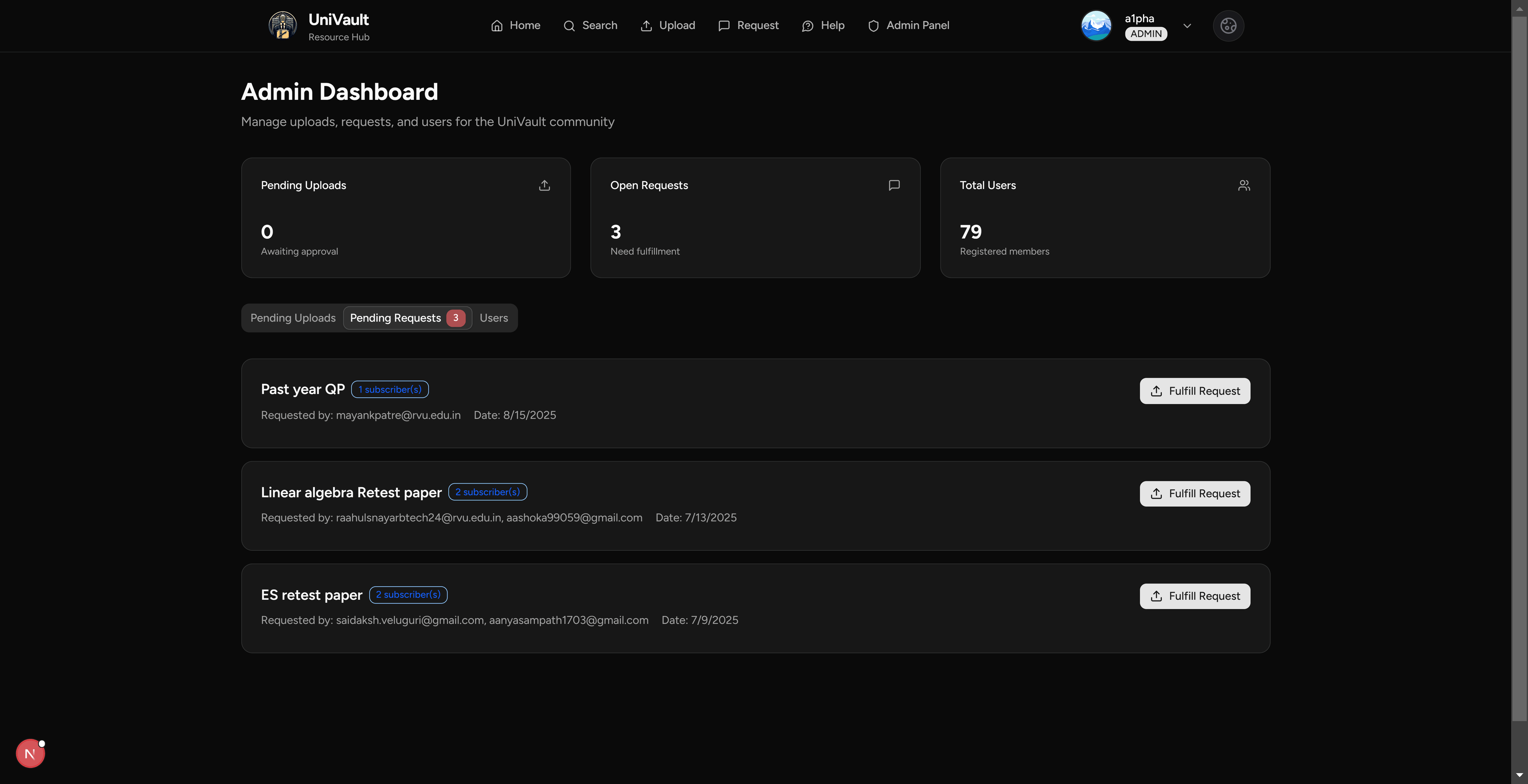 UniVault Admin Panel